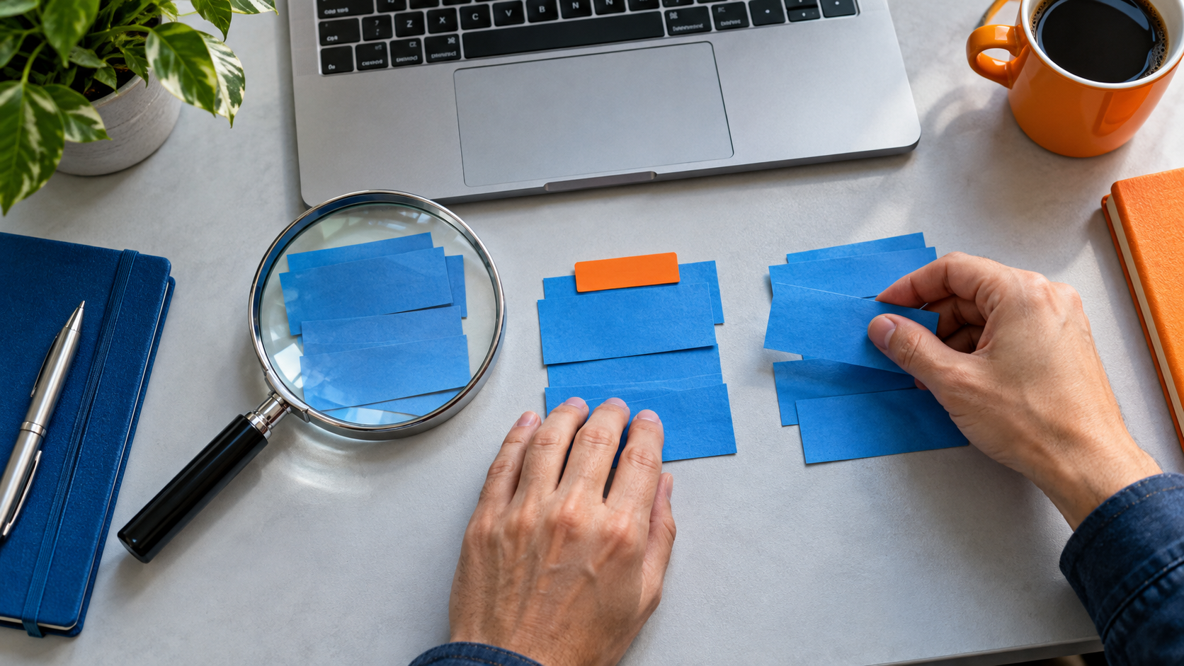 A magnifying glass resting over grouped blank blue cards beside a laptop.
