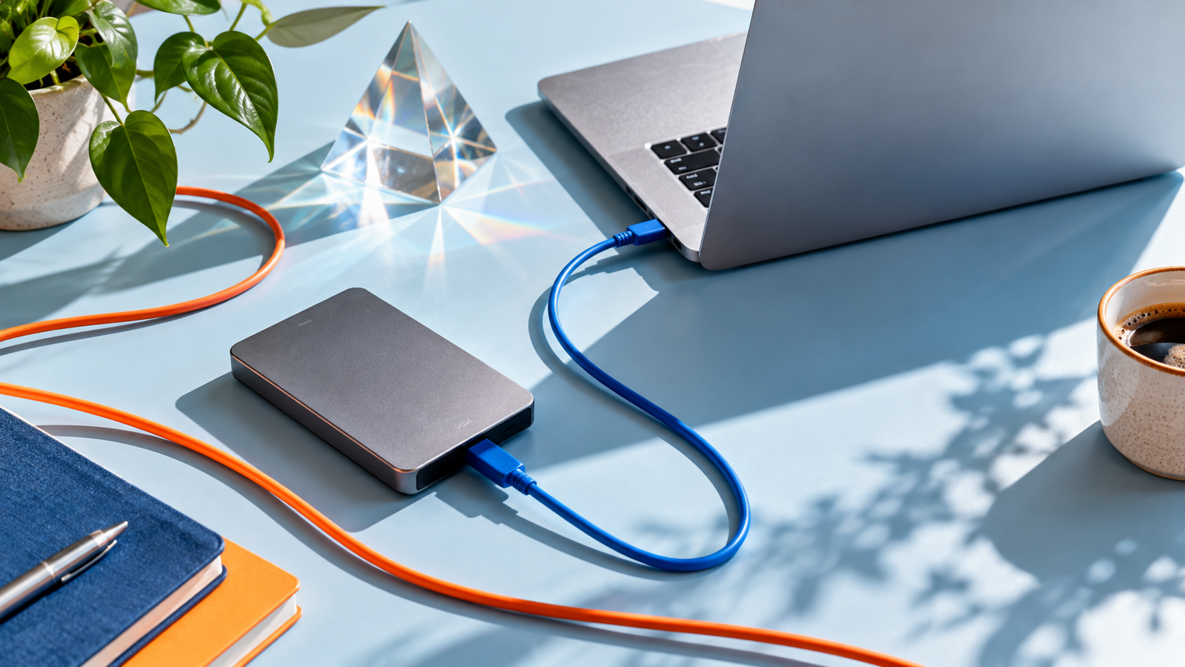 Blue and orange cables connecting a laptop and data drive on a bright desk.