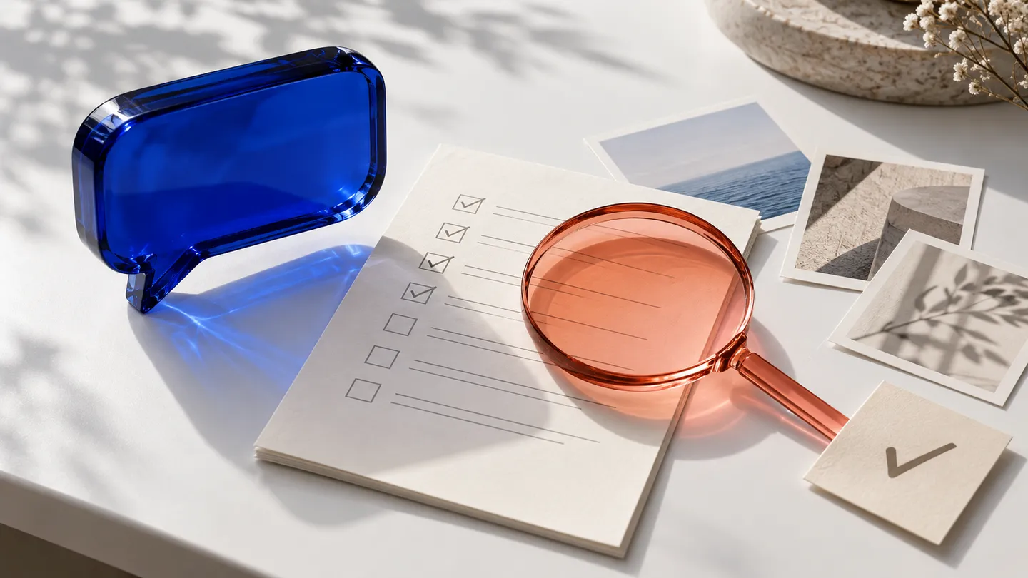 Blue glass speech bubble beside a paper checklist and coral magnifying glass